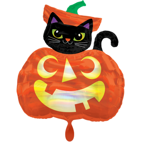 Folienballon Halloween | Kürbis mit schwarzer Katze | ca. 71cm | inkl. Heliumfüllung
